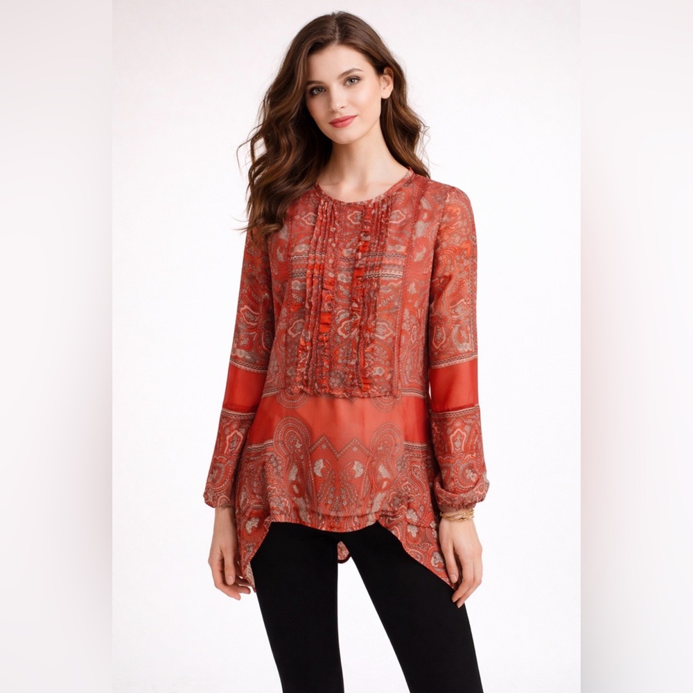 Anthropologie Love Sam Blouse Top Red Orange Black Tan M Sheer Flowy Fairy